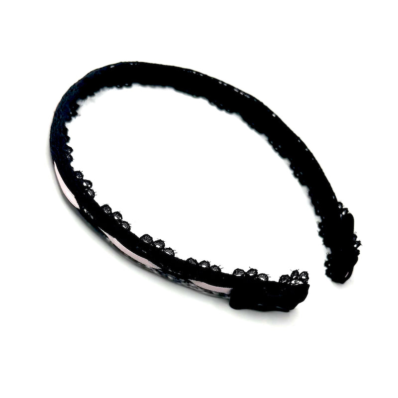 Chantilly Black Pink Lace Headband with Black Bows