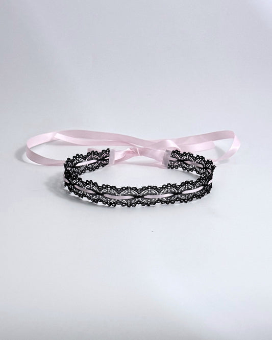 Black Lace Headband with Long Pink Satin Ties