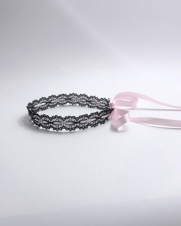Chantilly Black Lace Pink Ribbon Headband Side View
