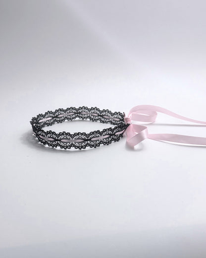 Chantilly Black Lace Pink Ribbon Headband Side View