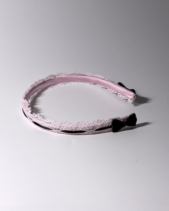 Pink Lace Headband Side View showing black bows