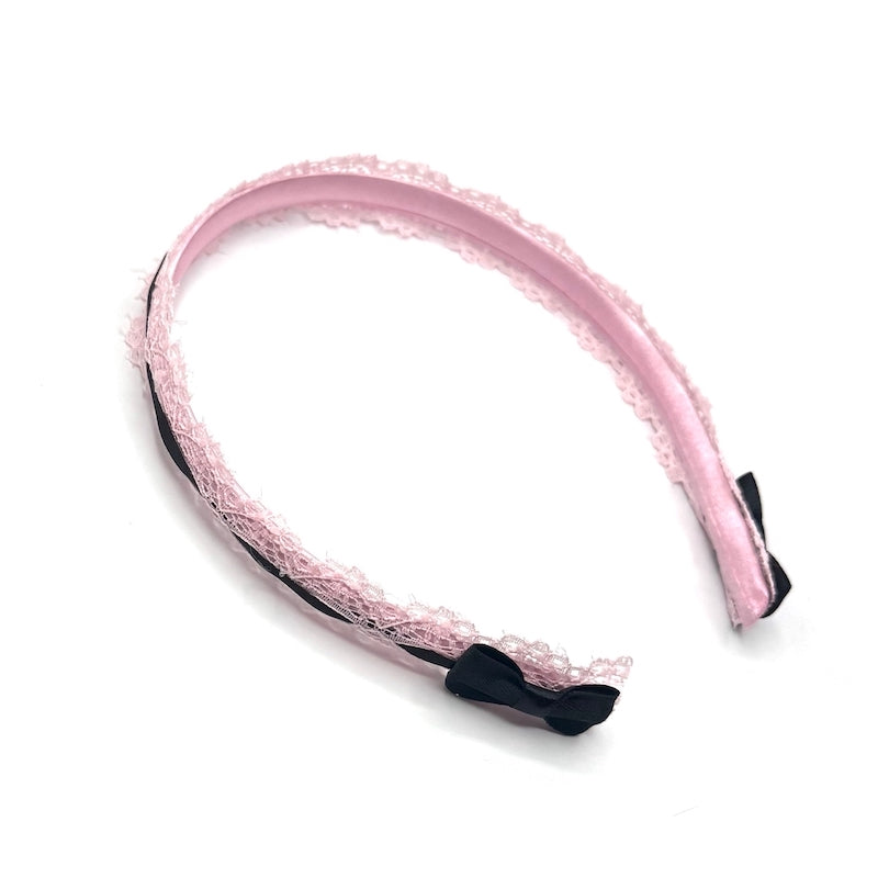 Pink Lace Headband with Black Bows
