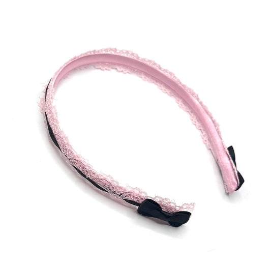 Pink Lace Headband with Black Bows