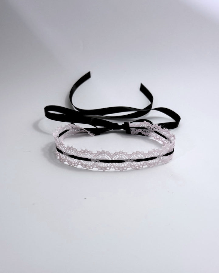 Chantilly Pink Lace Headband with Black Satin Ties