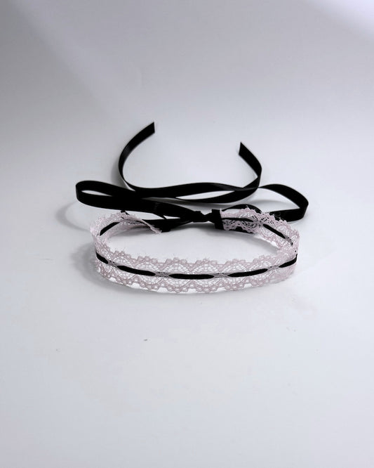 Chantilly Pink Lace Headband with Black Satin Ties