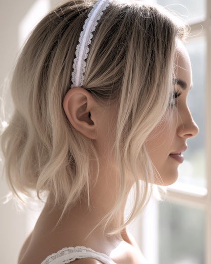 Side View of Blonde Model in White Lace Bow headband