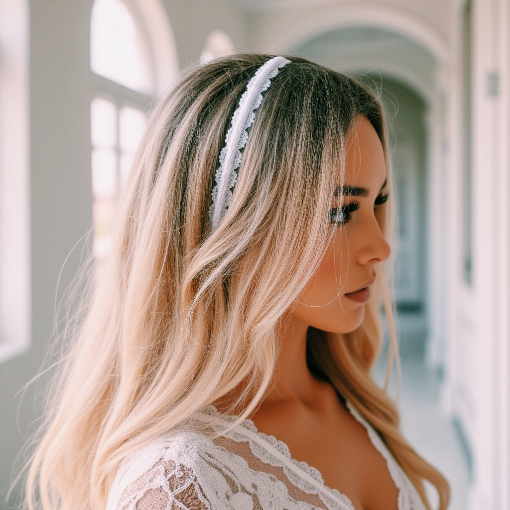 Chantilly White Lace Headband worn on beautiful blonde model