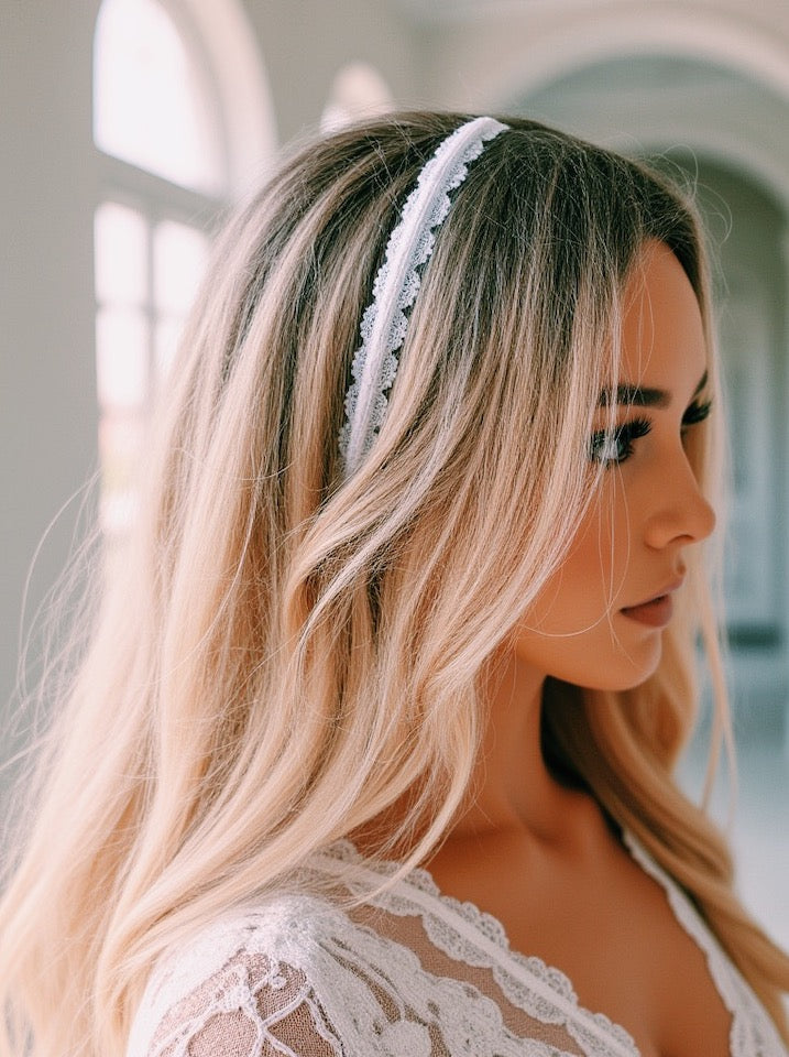 white lace bow headband on blonde bride model