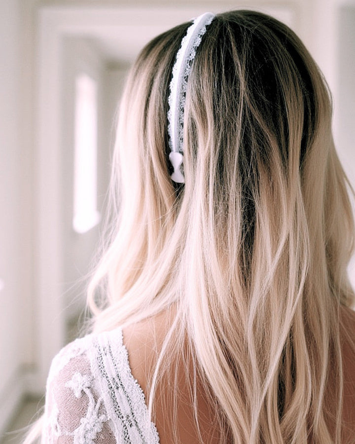 Chantilly White Lace Headband on Blonde Model