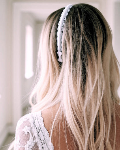 Chantilly White Lace Headband on Blonde Model