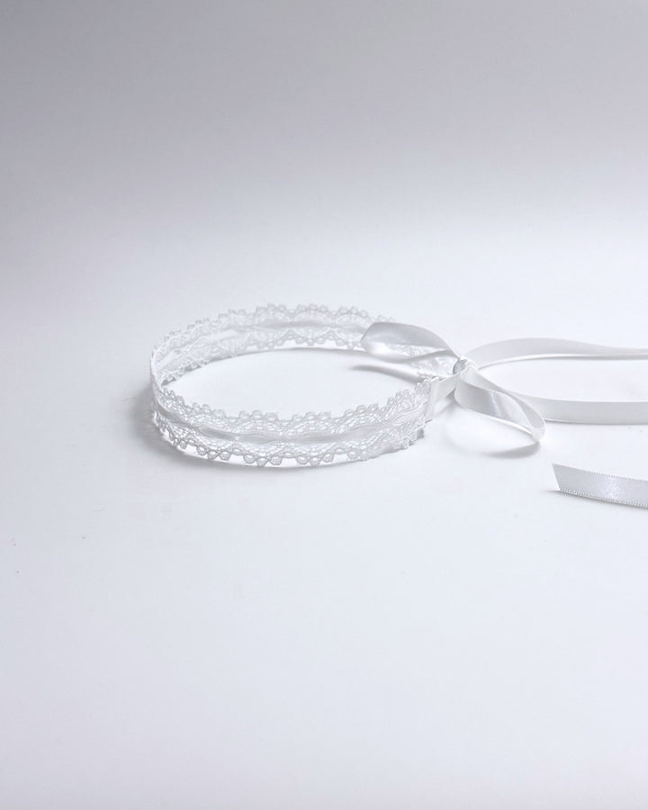 Chantilly White Lace Headband with long satin ties side view