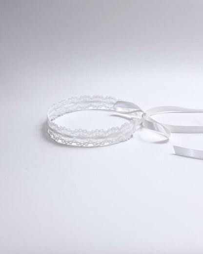 Chantilly White Lace Headband with long satin ties side view