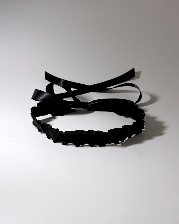 Black Ruffled Headband with Long Black Satin Ties