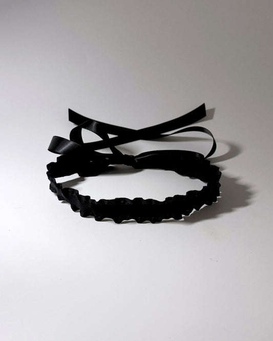 Black Ruffled Headband with Long Black Satin Ties