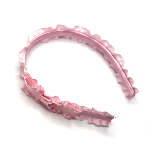 maiden ruffled pink headband on white background
