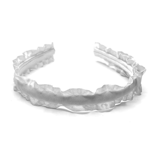 white ruffled headband on white background top view