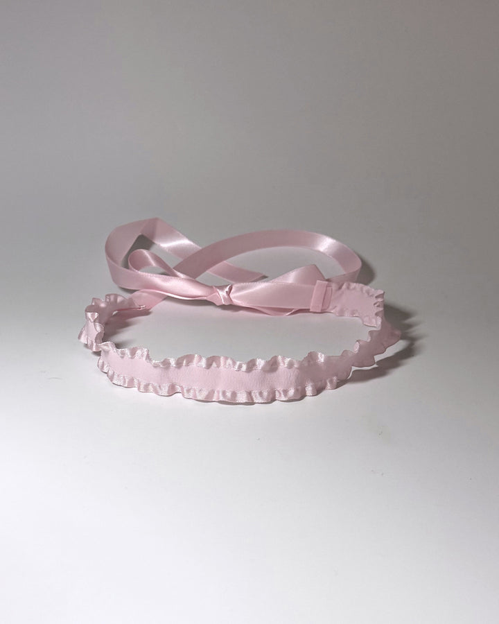 Pink Ruffled Headband with long pink satin ties