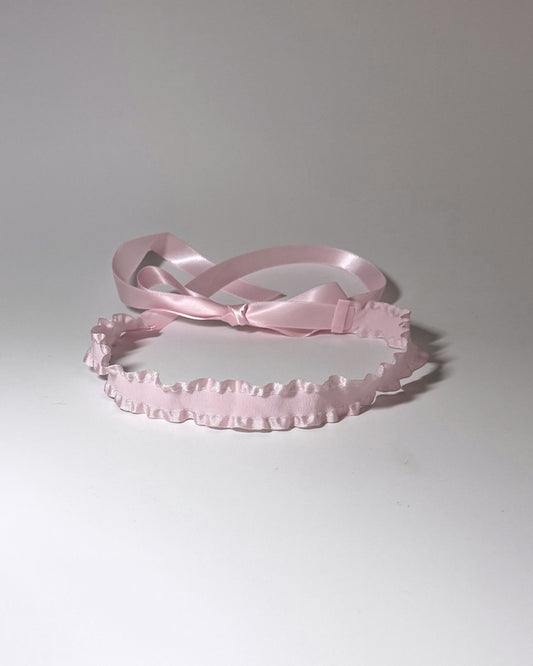 Pink Ruffled Headband with long pink satin ties