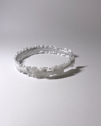 White Ruffled Bow Headband with side bow on light gray background
