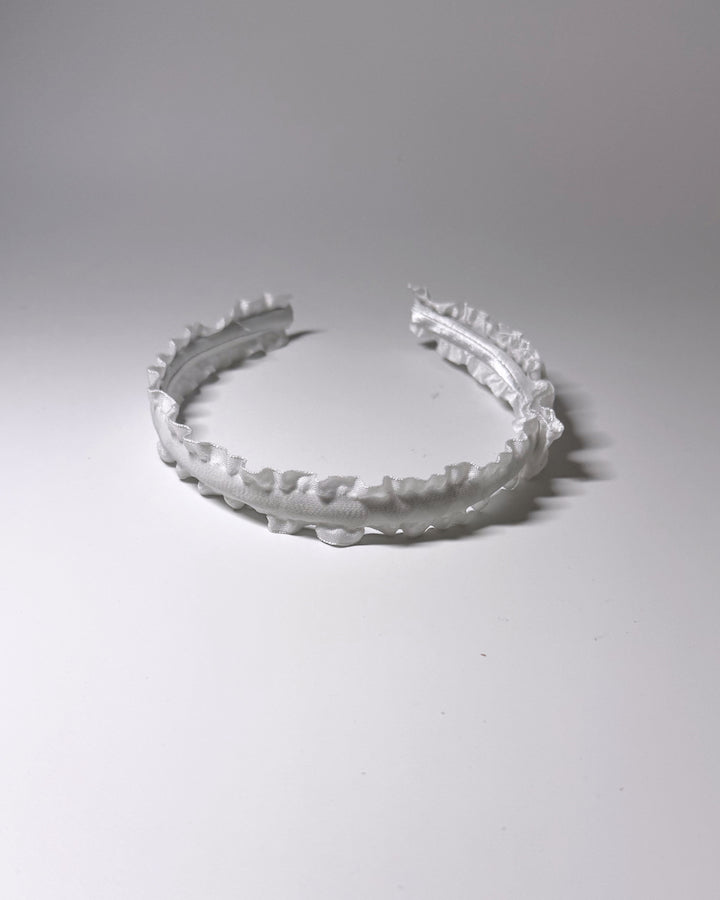 White Ruffled Bow Headband with side bow top view