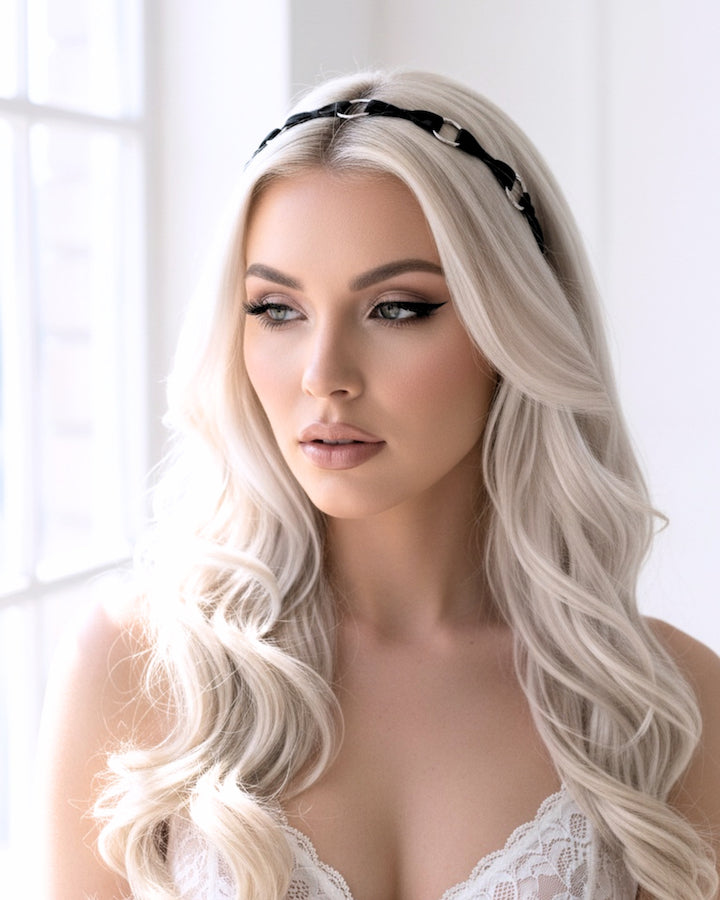 Runaway Black Bow Headband on Platinum Blonde Model