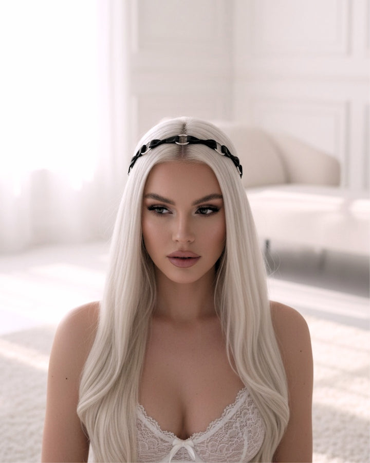 Runaway Black Bow Headband on platinum blonde model