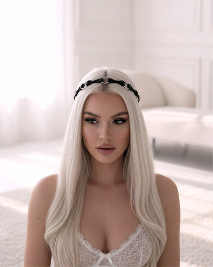 Runaway Black Bow Headband on platinum blonde model