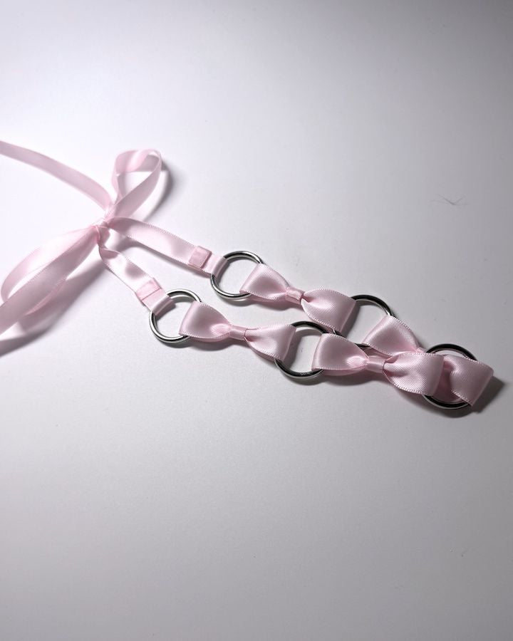 Pink Bow Headband with Silver O Rings and long satin ties  side view