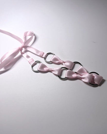 Pink Bow Headband with Silver O Rings and long satin ties  side view