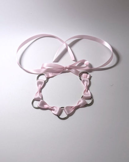 Pink Bow Headband with Silver O Rings and long satin ties 