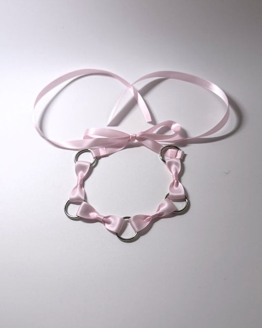 Pink Bow Headband with Silver O Rings and long satin ties 
