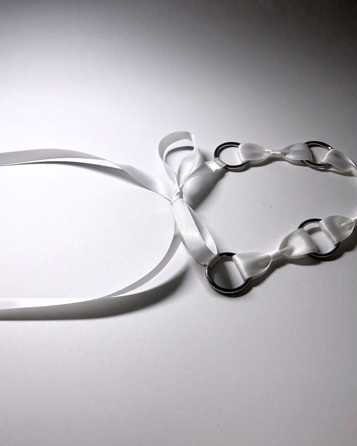White Bow Headband with Silver O Rings and long satin ties