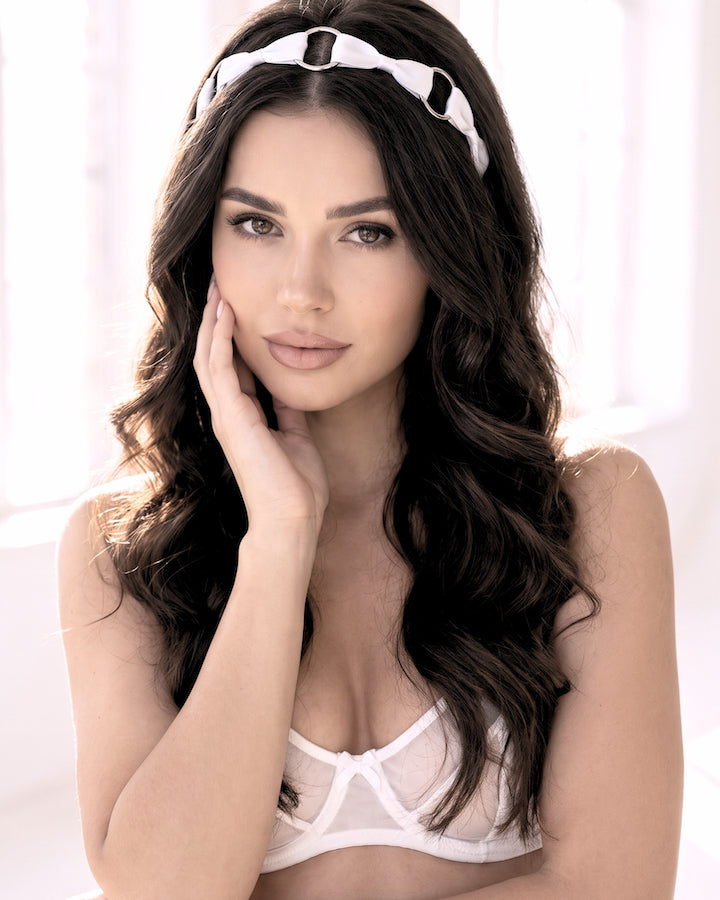 Beautiful Model in Runaway Pink Bow Headband with long satin ties