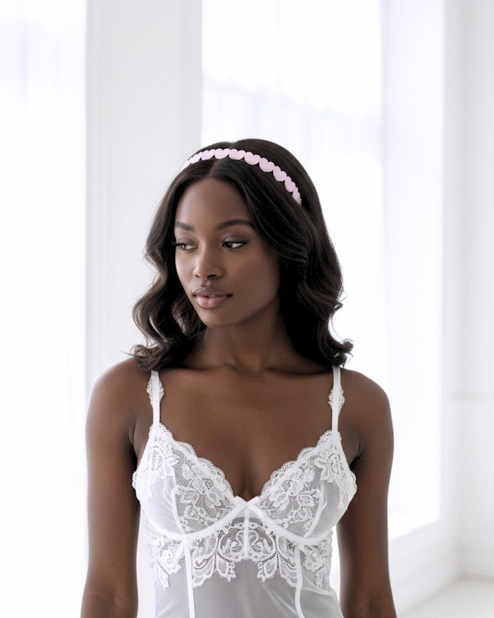sweetheart pink heart headband on model in white lingerie