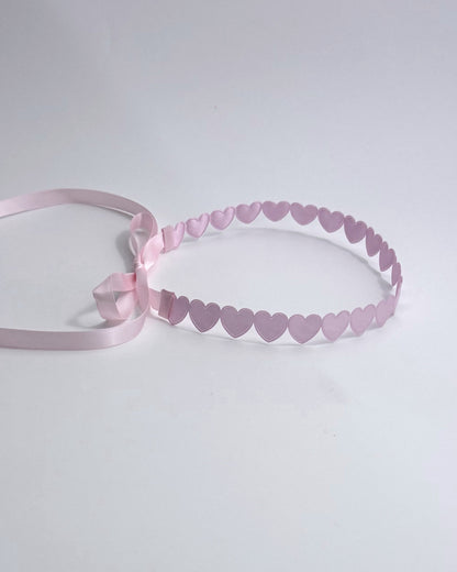 Pink Heart Headband with Satin Ties Side View