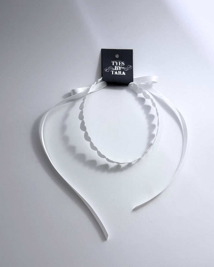 White Heart Headband Hair Tie Accessory on black card