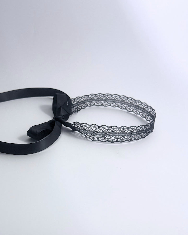Black Lace Headband with long satin ties side view