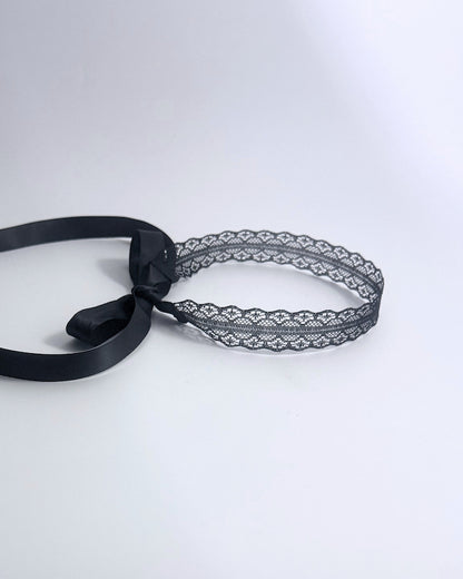 Black Lace Headband with long satin ties side view