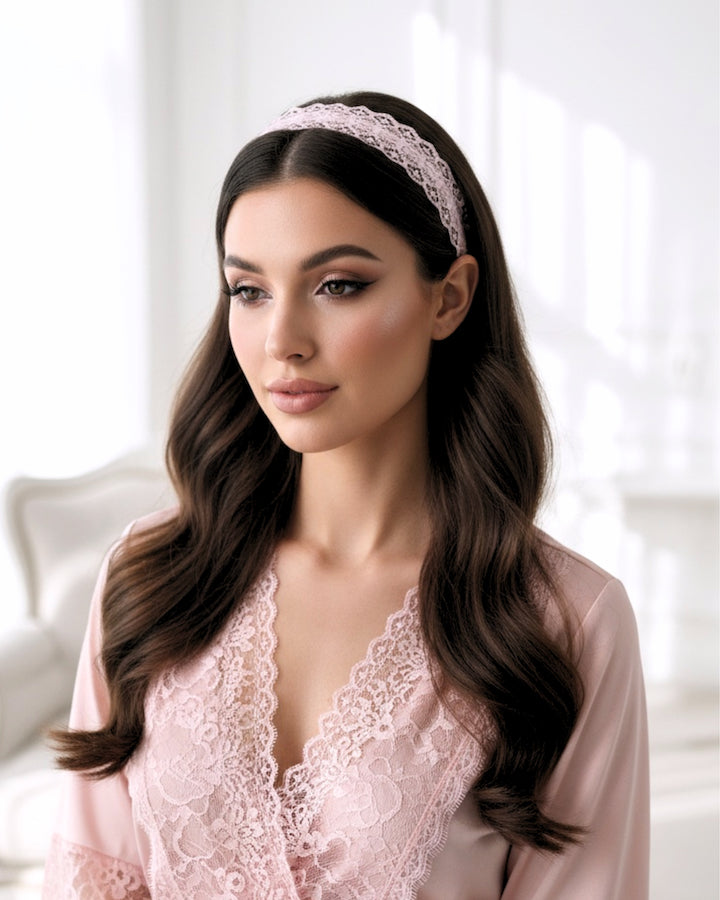 Siren Pink Lace headband on brunette model in pink robe