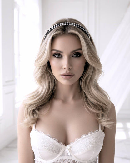 Vixen Black Sparkly Headband on beautiful blonde model in white lingerie 