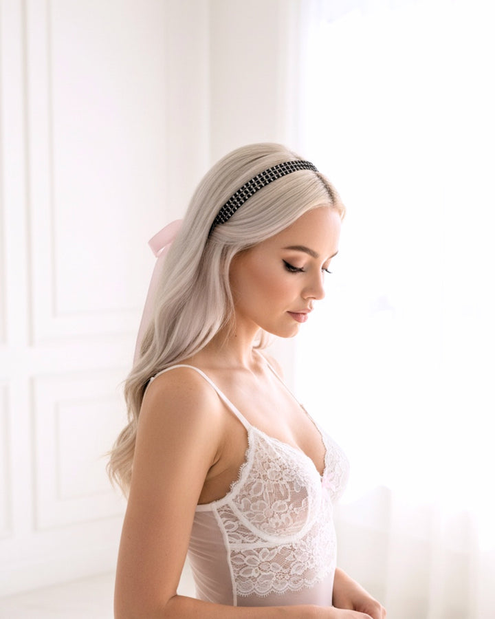 Vixen Black Rhinestone Sparkly Headband on Platinum Blonde Model