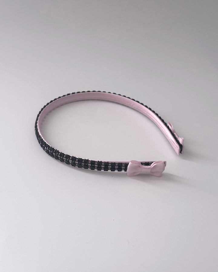 Pink Headband with Black Sparkly Rhinestome Mesh and Pink Bows