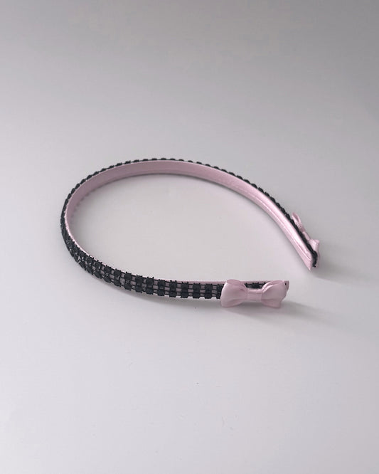 Pink Headband with Black Sparkly Rhinestome Mesh and Pink Bows