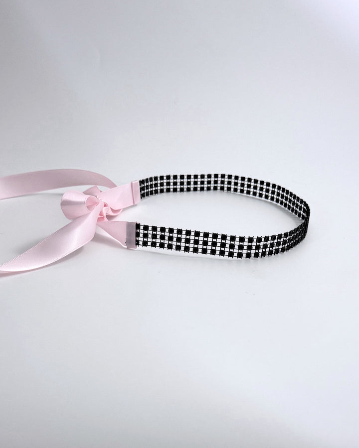 Black Sparkly Rhinestone Mesh Headband with Long Pink Satin Tyes Side View