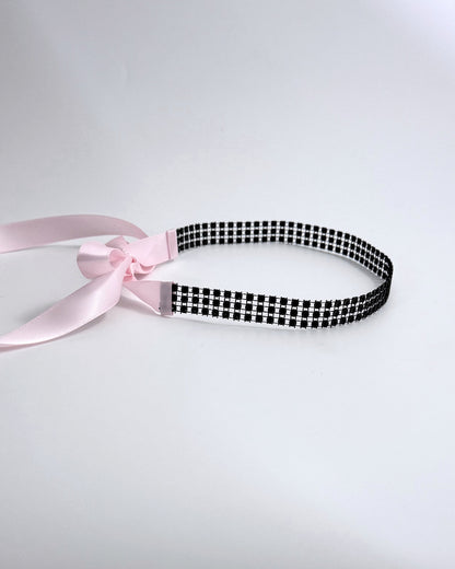 Black Sparkly Rhinestone Mesh Headband with Long Pink Satin Tyes Side View