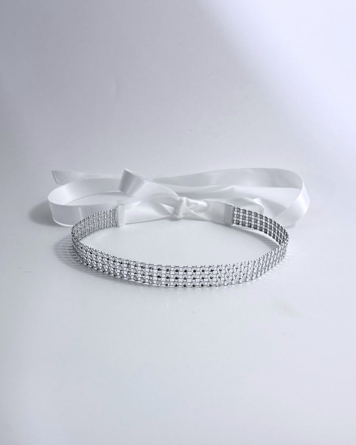 Vixen White Silver Sparkly Headband with Long White Satin Ties
