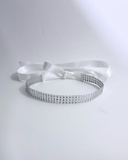 Vixen White Silver Sparkly Headband with Long White Satin Ties