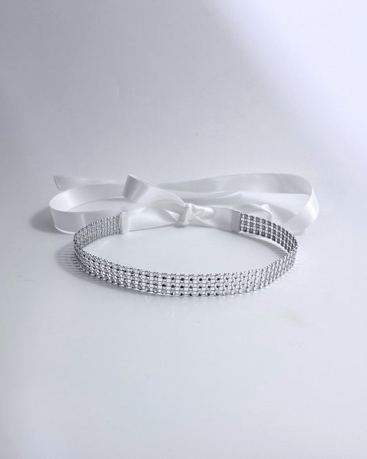 Vixen White Silver Sparkly Headband with Long White Satin Ties