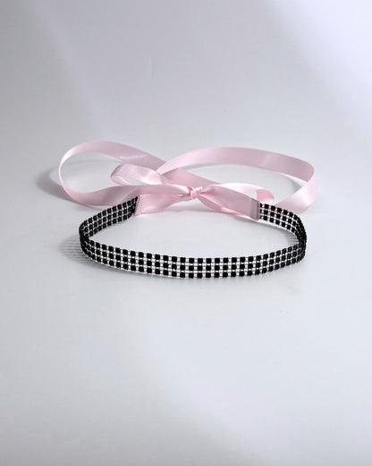 Black Sparkly Rhinestone Mesh Headband with Long Pink Satin Tyes