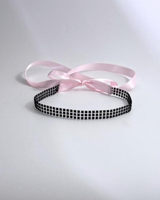 Black Sparkly Rhinestone Mesh Headband with Long Pink Satin Tyes